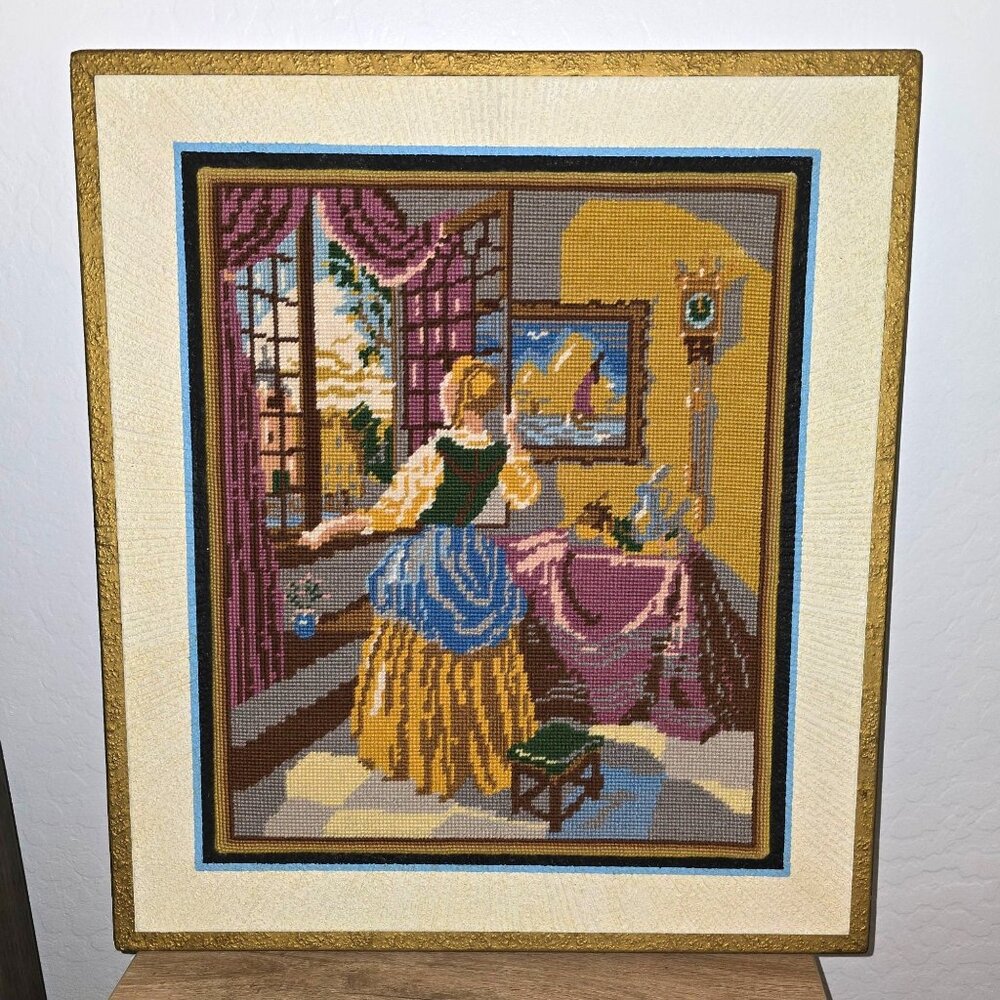 Vintage Framed Needlepoint Of Woman/Girl Looking out Window Large 23x20 Inches